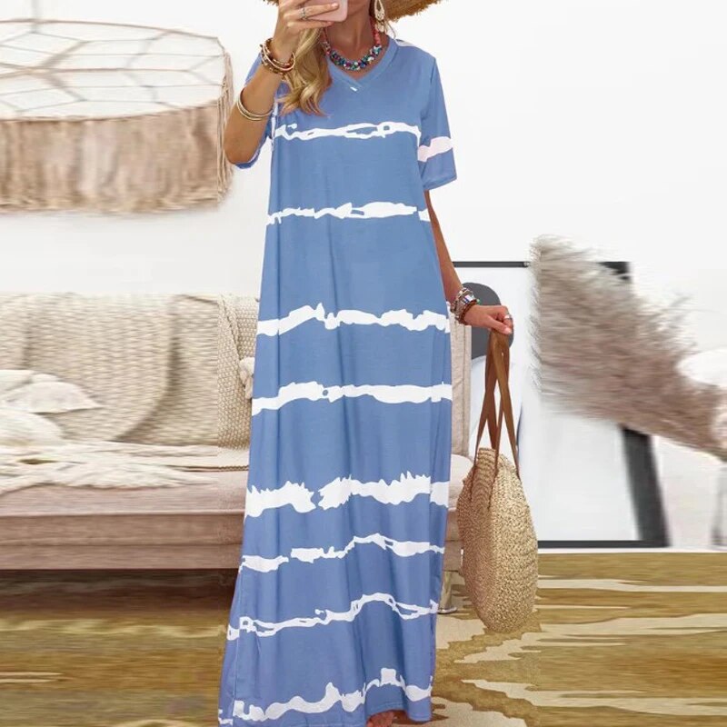 2020 Summer Boho Dress Women Striped Print V Neck Long Party Dress Elegant Short Sleeve Casual Beach Dresses Vestidos Plus Size