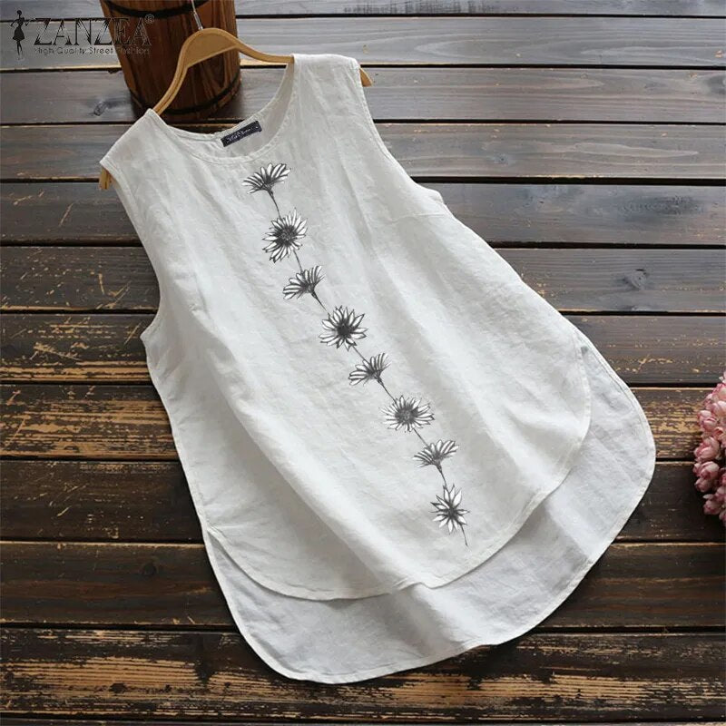 Women's Irregular Blouse ZANZEA 2023  Tanks Tops Casual Linen Blusas Female Sleeveless Chemise Summer Tee Shirts