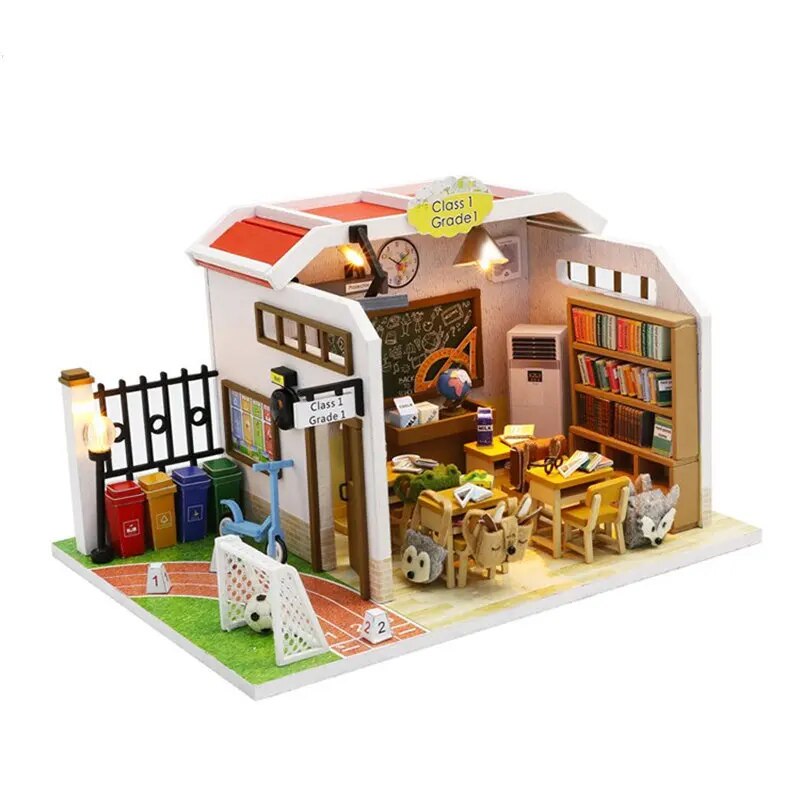 wooden doll house classroom toy diy dollhouse furnitures kids furniture minature doll houses kit poppenhuis lamp hout