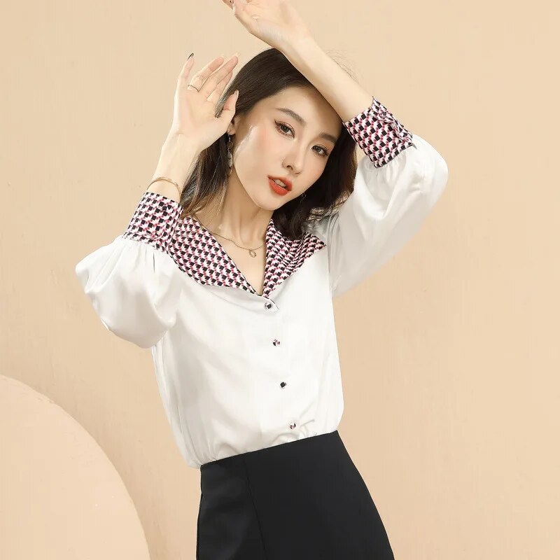 2023 Fall New South Korean women's  clothing temperament long-sleeved OL pure color v-neck chiffon shirt