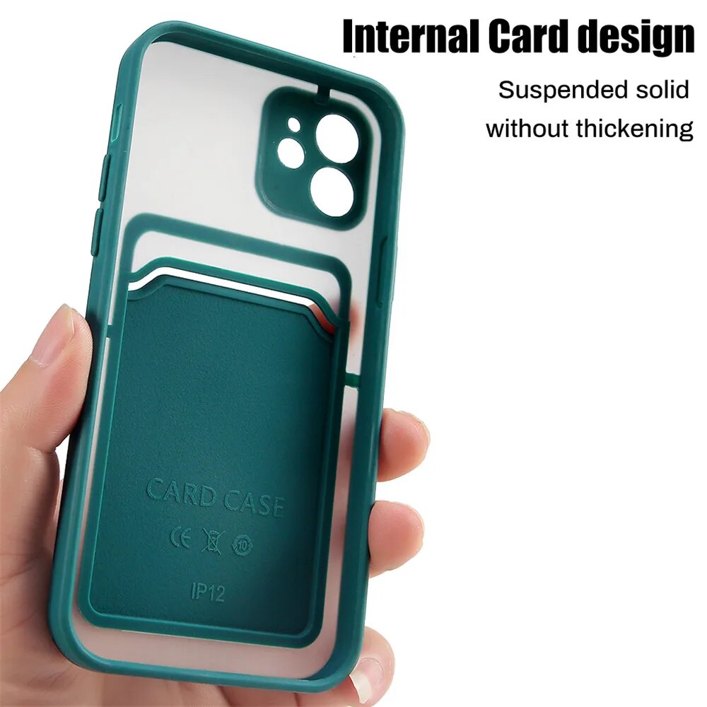 2 IN 1 Card Holder Shockproof Matte Case For iPhone 12 11 Pro Max XR X XS 6 7 8 Plus Mini Luxury Bumper Armor Hard PC Soft Cover