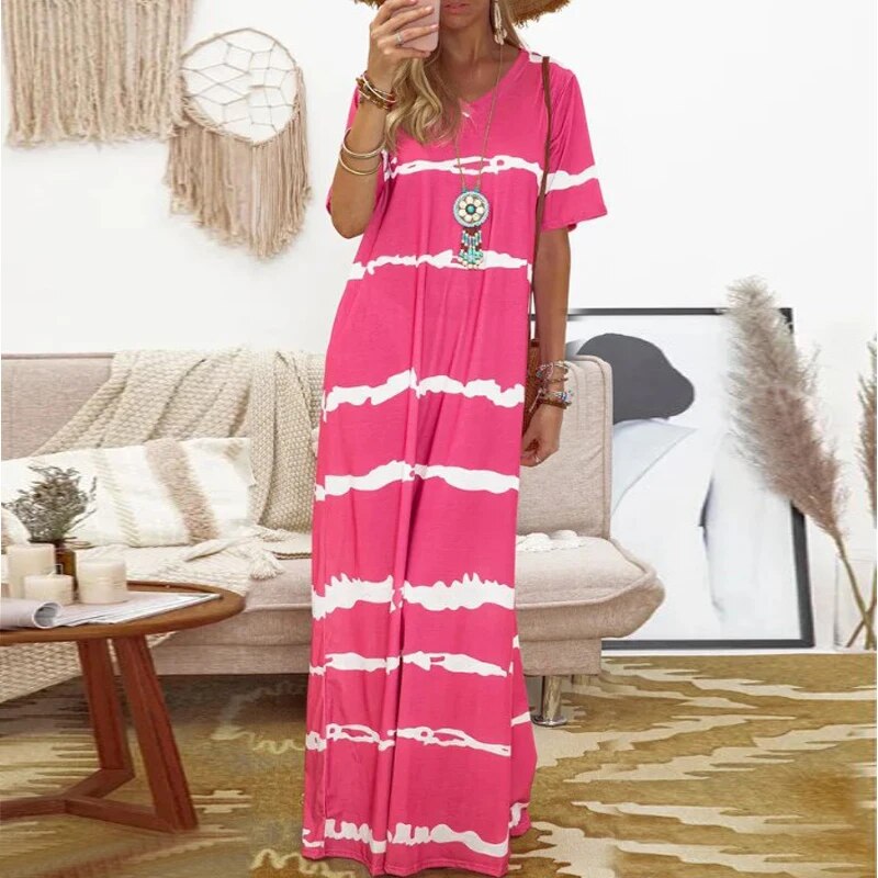 2020 Summer Boho Dress Women Striped Print V Neck Long Party Dress Elegant Short Sleeve Casual Beach Dresses Vestidos Plus Size