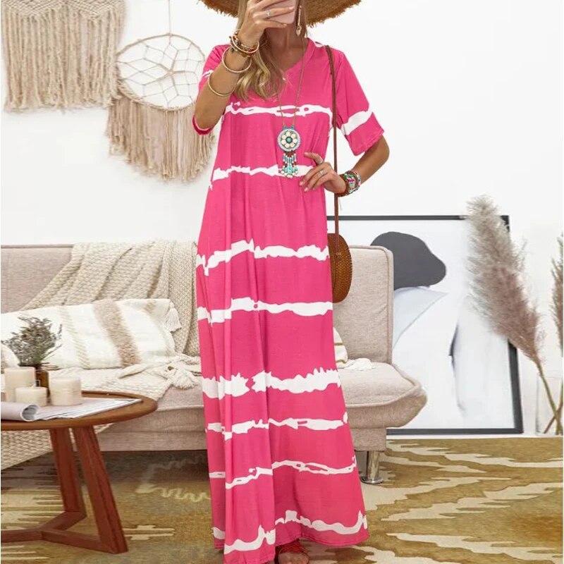 2020 Summer Boho Dress Women Striped Print V Neck Long Party Dress Elegant Short Sleeve Casual Beach Dresses Vestidos Plus Size