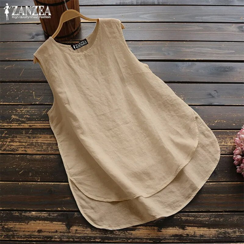 Women's Irregular Blouse ZANZEA 2023  Tanks Tops Casual Linen Blusas Female Sleeveless Chemise Summer Tee Shirts