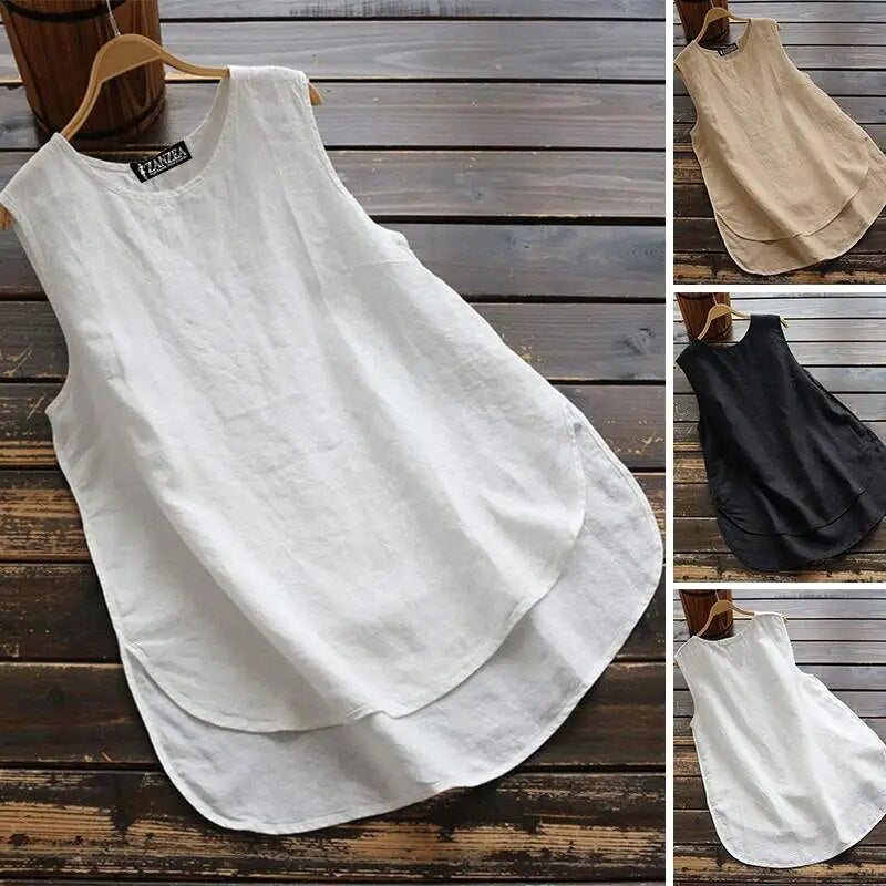 Women's Irregular Blouse ZANZEA 2023  Tanks Tops Casual Linen Blusas Female Sleeveless Chemise Summer Tee Shirts