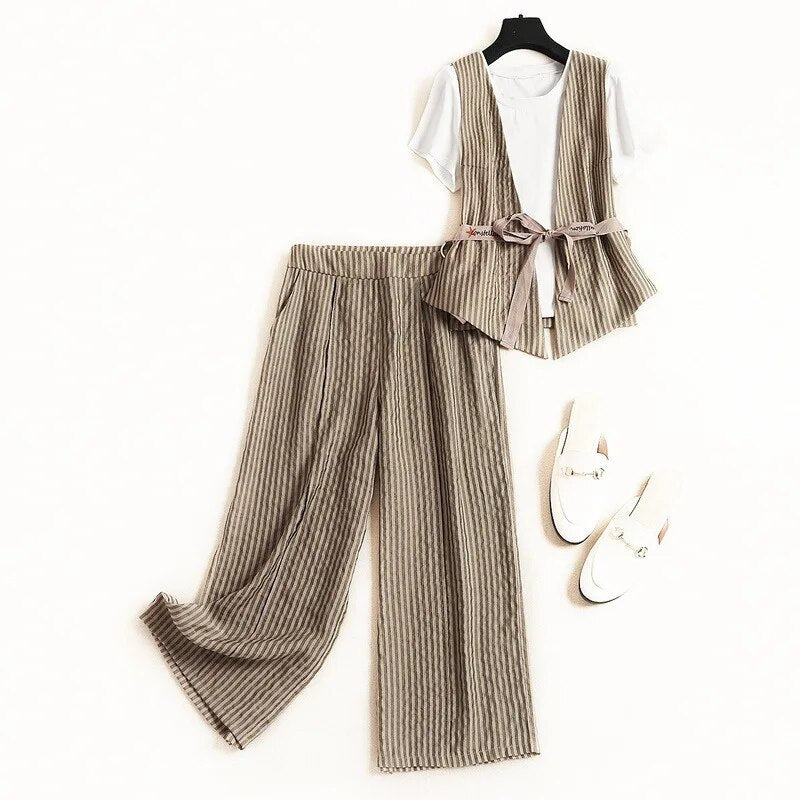 2023 new summer temperament commuter cardigan vest inside solid color T-shirt striped wide-leg pants three-piece