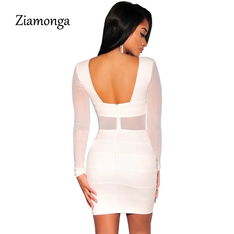 XS-XXL Sexy Bandage Dress New Winter Black White Dress Long Sleeve Mesh Patchwork Hollow Out Pencil Bodycon Dress Female Dresses