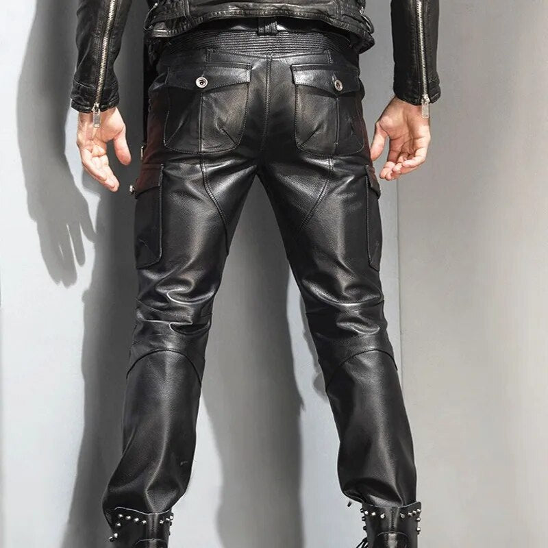 2022 New Mens Straight Pants Genuine Leather Slim Couple Long Pants Pockets Male Fashion Motorcycle Pants Brand Plus Size 29-36