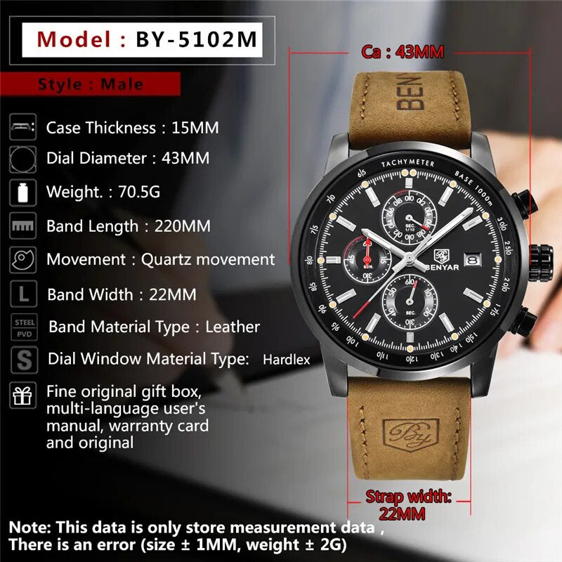 2021 New BENYAR Top Brand Luxury Mens Watch Quartz Clock Waterproof Automatic Chronograph Men Military Watch relogios masculinos