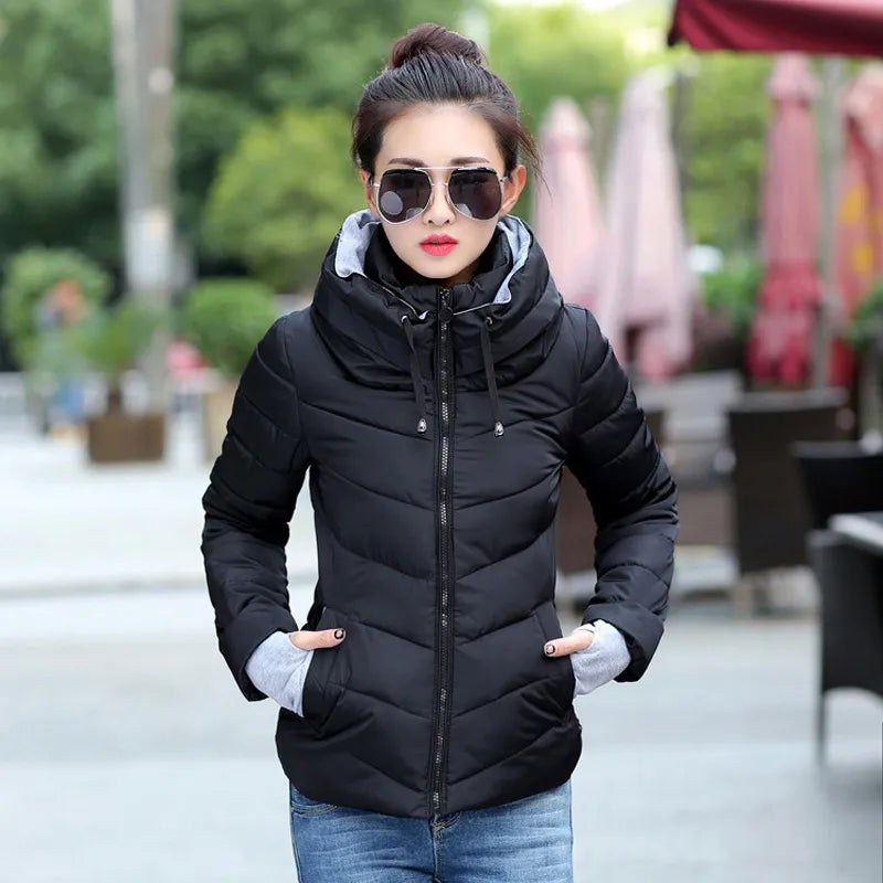 2021 Winter Jacket women Short Womens Parkas Thicken Outerwear solid hooded Coats Zipper Female Slim Cotton padded basic tops