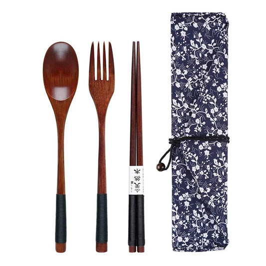 Wooden Cutlery Set Wood Spoon Fork Japanese Style Spoon Fork Chopsticks Set Long Handle Dinner Spoon Portable Tableware With Bag