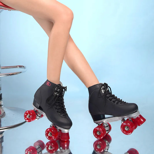 Women's Roller Skates Black and Wine Red 4 Wheels  Shoe High-Toe Quad