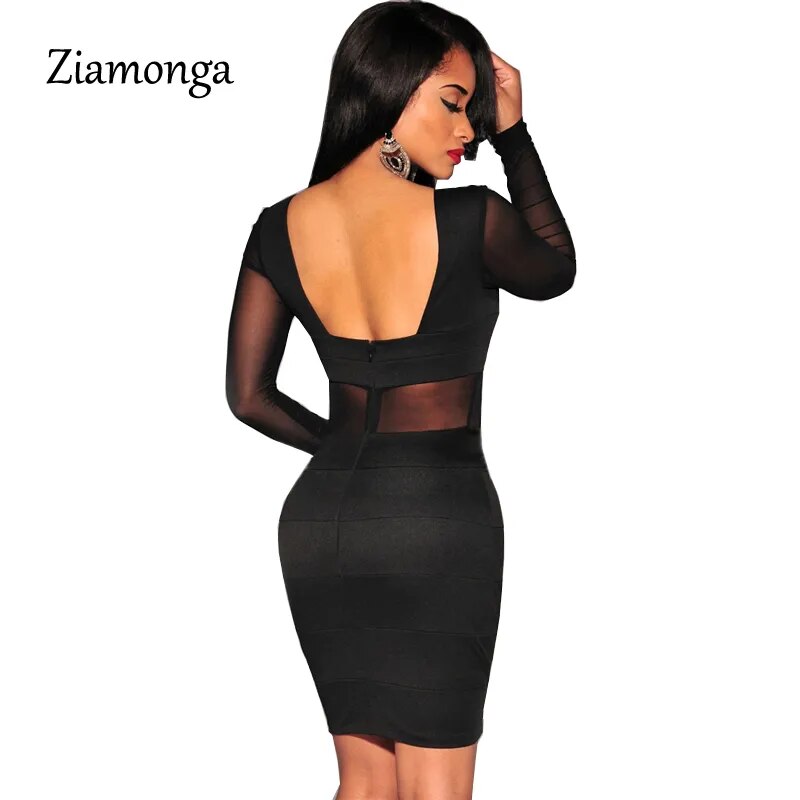 XS-XXL Sexy Bandage Dress New Winter Black White Dress Long Sleeve Mesh Patchwork Hollow Out Pencil Bodycon Dress Female Dresses