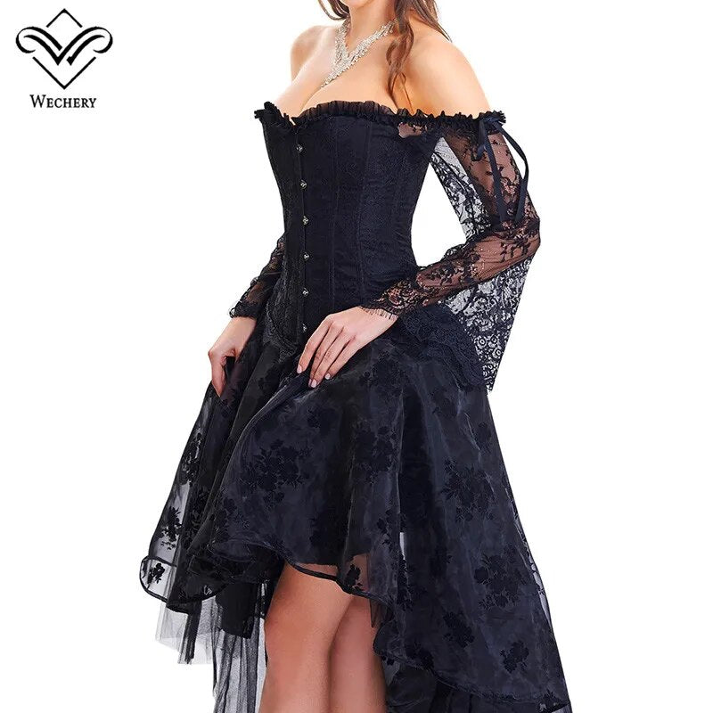 Wechery Women Steampunk Corset Sets Sexy Long Sleeve Lace Corselet Dress For Party Wedding Out of Shoulder Bustiers Korset Suit