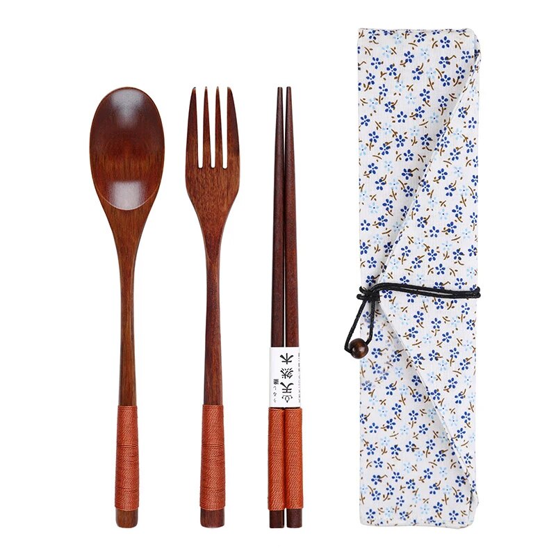 Wooden Cutlery Set Wood Spoon Fork Japanese Style Spoon Fork Chopsticks Set Long Handle Dinner Spoon Portable Tableware With Bag