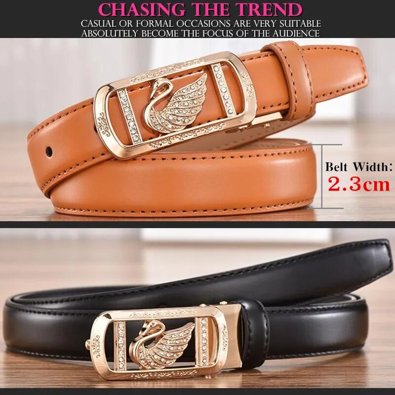 200pcs High Quality 23mm Second Layer Cowhide Women Belt Lady Pin Hole Leather Waist Belt Swan Rhinestone Alloy Buckle Waistband