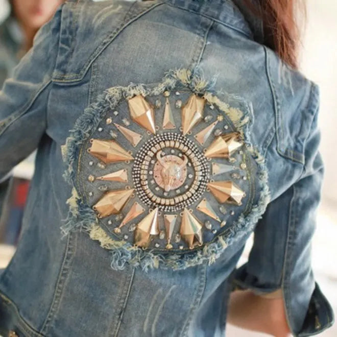 Women Short Cowboy Coats Leisure Outwear Slim Diamonds Half sleeve Women's Denim Blue Jacket Coat Holes Jean Jackets