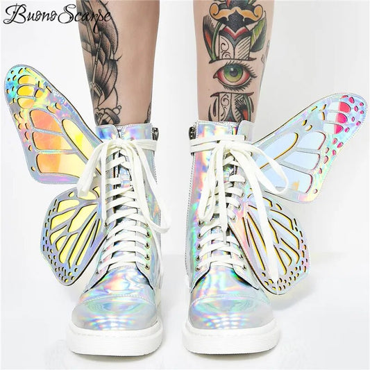 Women Butterfly Wings Sneakers Shine Silver Short Boots Lace Up Colorful Ladies Shoes Sneakers With Sequines Women Runway Boots