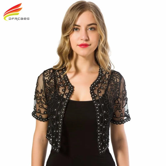 Women Basic Coat 2023 Summer Style Women Perspective Shawl Fashion Hollow Out Lace Boleros Short Sleeve Coats Jackets Female