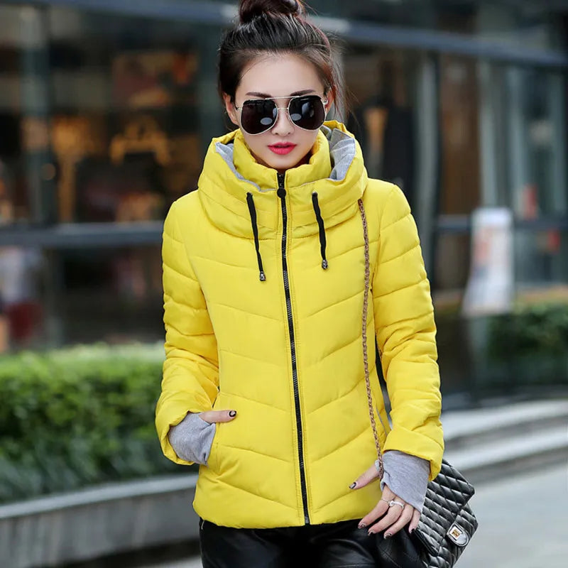 2021 Winter Jacket women Short Womens Parkas Thicken Outerwear solid hooded Coats Zipper Female Slim Cotton padded basic tops