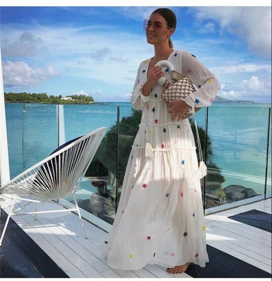 2020 Women's Clothing Long Maxi Dress Bohemian V-neck Front Button Down Dress Star Embroidery Holiday Gown Robes Cotton Dress