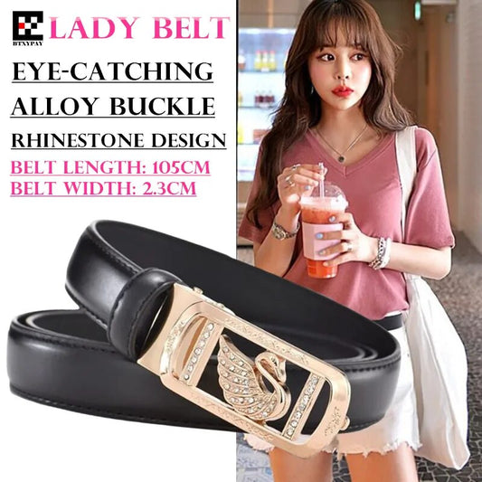 200pcs High Quality 23mm Second Layer Cowhide Women Belt Lady Pin Hole Leather Waist Belt Swan Rhinestone Alloy Buckle Waistband