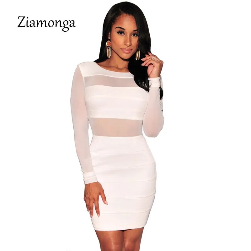 XS-XXL Sexy Bandage Dress New Winter Black White Dress Long Sleeve Mesh Patchwork Hollow Out Pencil Bodycon Dress Female Dresses