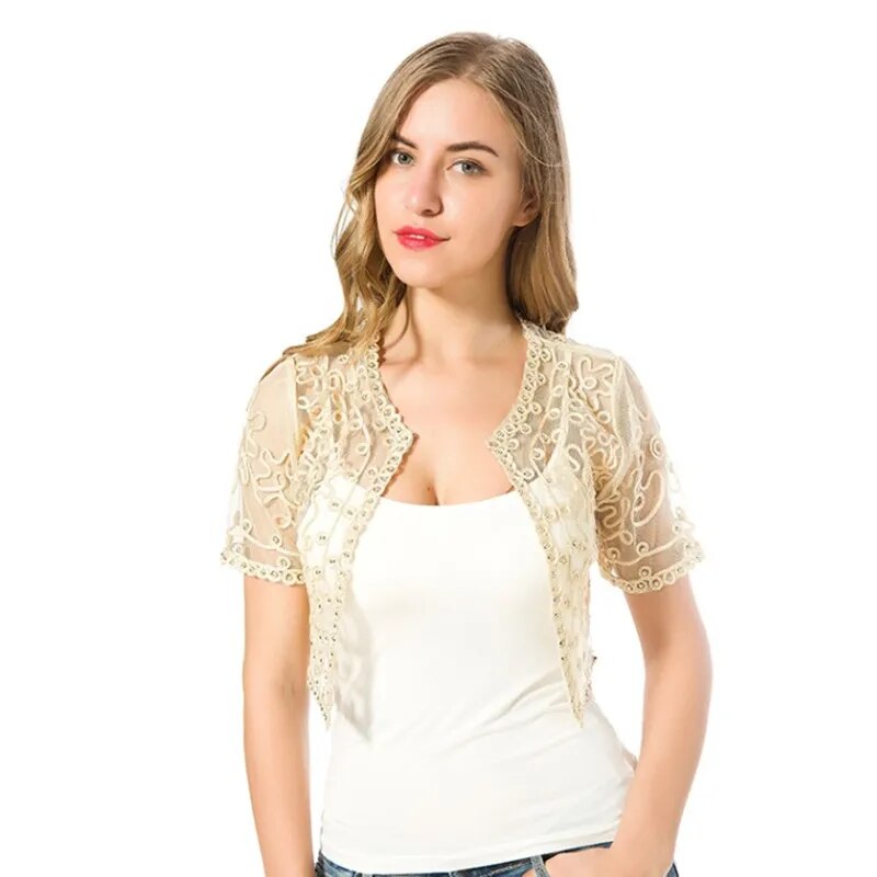 Women Basic Coat 2023 Summer Style Women Perspective Shawl Fashion Hollow Out Lace Boleros Short Sleeve Coats Jackets Female