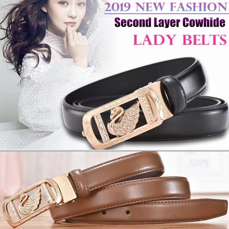 200pcs High Quality 23mm Second Layer Cowhide Women Belt Lady Pin Hole Leather Waist Belt Swan Rhinestone Alloy Buckle Waistband