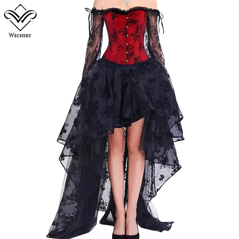 Wechery Women Steampunk Corset Sets Sexy Long Sleeve Lace Corselet Dress For Party Wedding Out of Shoulder Bustiers Korset Suit