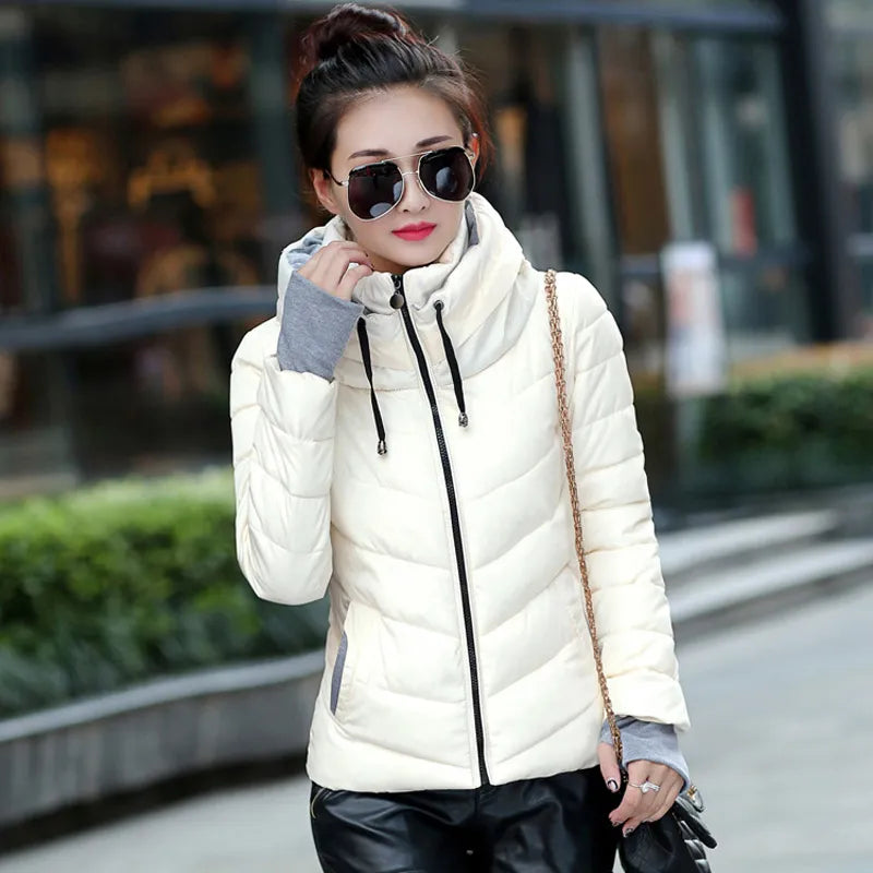 2021 Winter Jacket women Short Womens Parkas Thicken Outerwear solid hooded Coats Zipper Female Slim Cotton padded basic tops