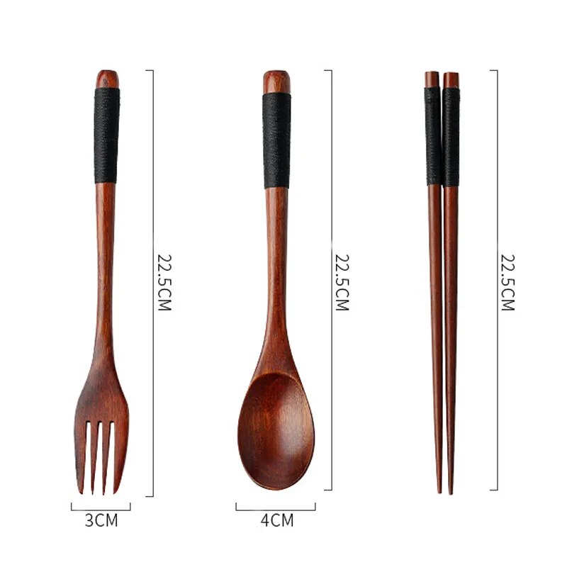 Wooden Cutlery Set Wood Spoon Fork Japanese Style Spoon Fork Chopsticks Set Long Handle Dinner Spoon Portable Tableware With Bag