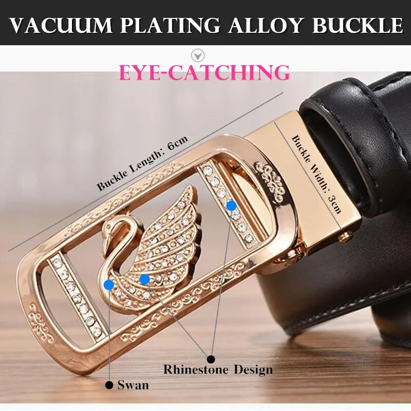 200pcs High Quality 23mm Second Layer Cowhide Women Belt Lady Pin Hole Leather Waist Belt Swan Rhinestone Alloy Buckle Waistband