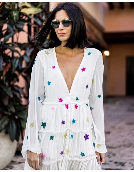 2020 Women's Clothing Long Maxi Dress Bohemian V-neck Front Button Down Dress Star Embroidery Holiday Gown Robes Cotton Dress