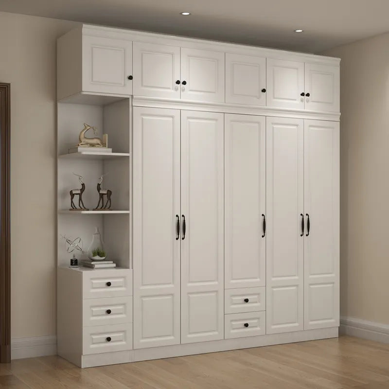 Wardrobe and Top Cabinet Simple Modern Economical Plate-Type White Cabinet Wooden 6-Door Wardrobe furniture