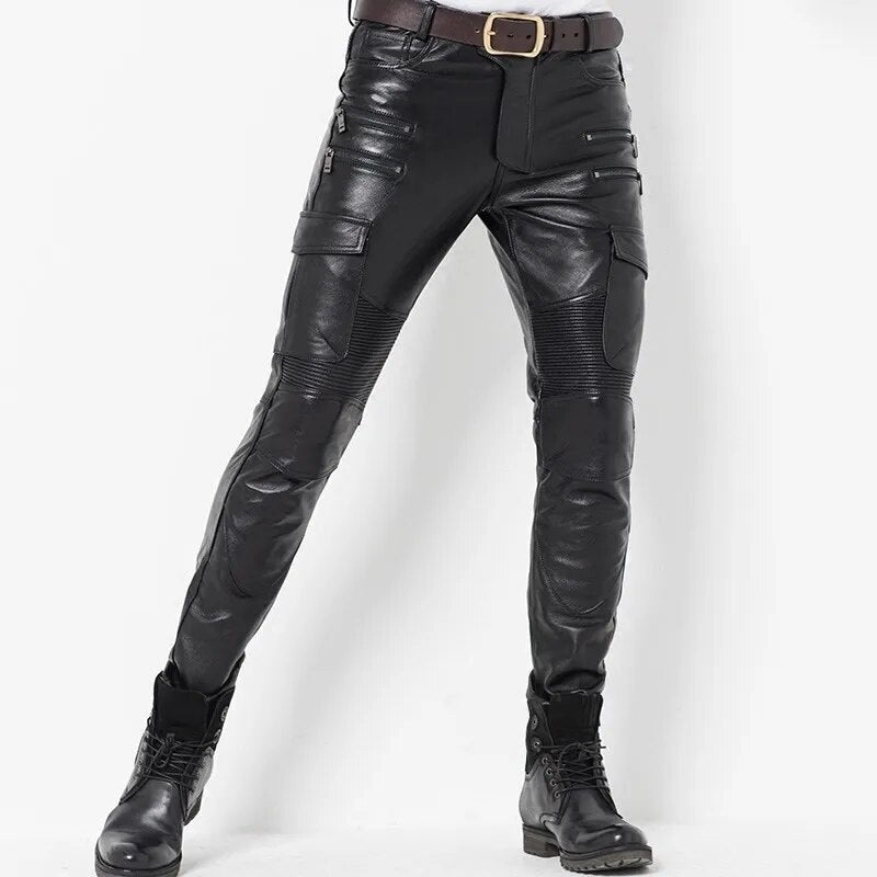 Winter Luxury Mens Genuine Leather Pants Skinny Motorcycle Cowhide Leather Pants Warm Windproof Long Trousers Man Slim Fit Pants