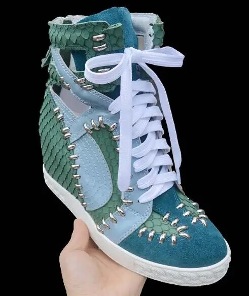 Woman Green Blue Python Suede Leather Patchwork Rivets High Top Sneakers 8 CM Height Increasing Lace Up Wedge Casual Ankle Boots