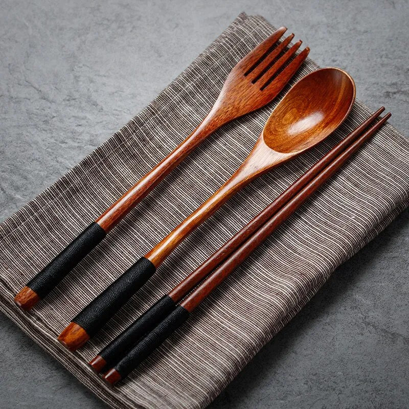 Wooden Cutlery Set Wood Spoon Fork Japanese Style Spoon Fork Chopsticks Set Long Handle Dinner Spoon Portable Tableware With Bag