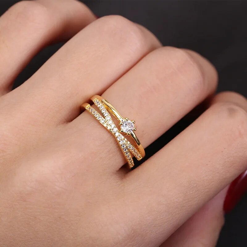 Women's Fashion Luxury Shiny Rings Bridal Sets Zirconia Crystal Stud Opening Finger Ring Jewelry Tiny Circle Elegant Gifts