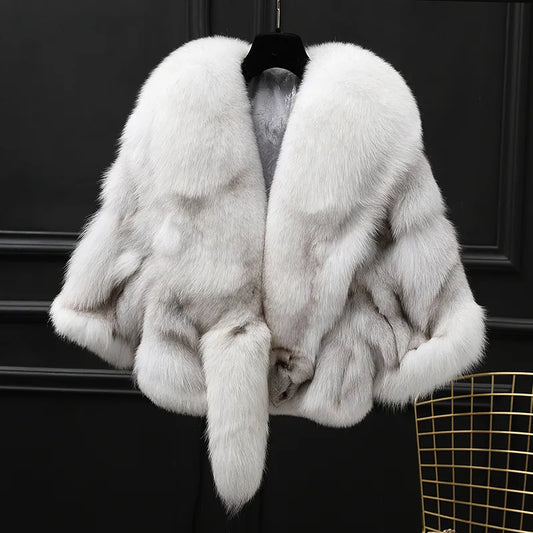 Winter Cloak Warm  Women Cardigan big real Fox Fur Collar Cape Fashion Solid Poncho With medium Fur Sleeves Evening dress shaw