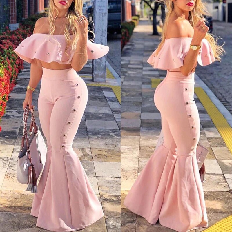 Women Two Piece Outfits Off Shoulder Ruffle Crop Tops and Flare Pants 2 Piece Set Summer Club Party Festival Set