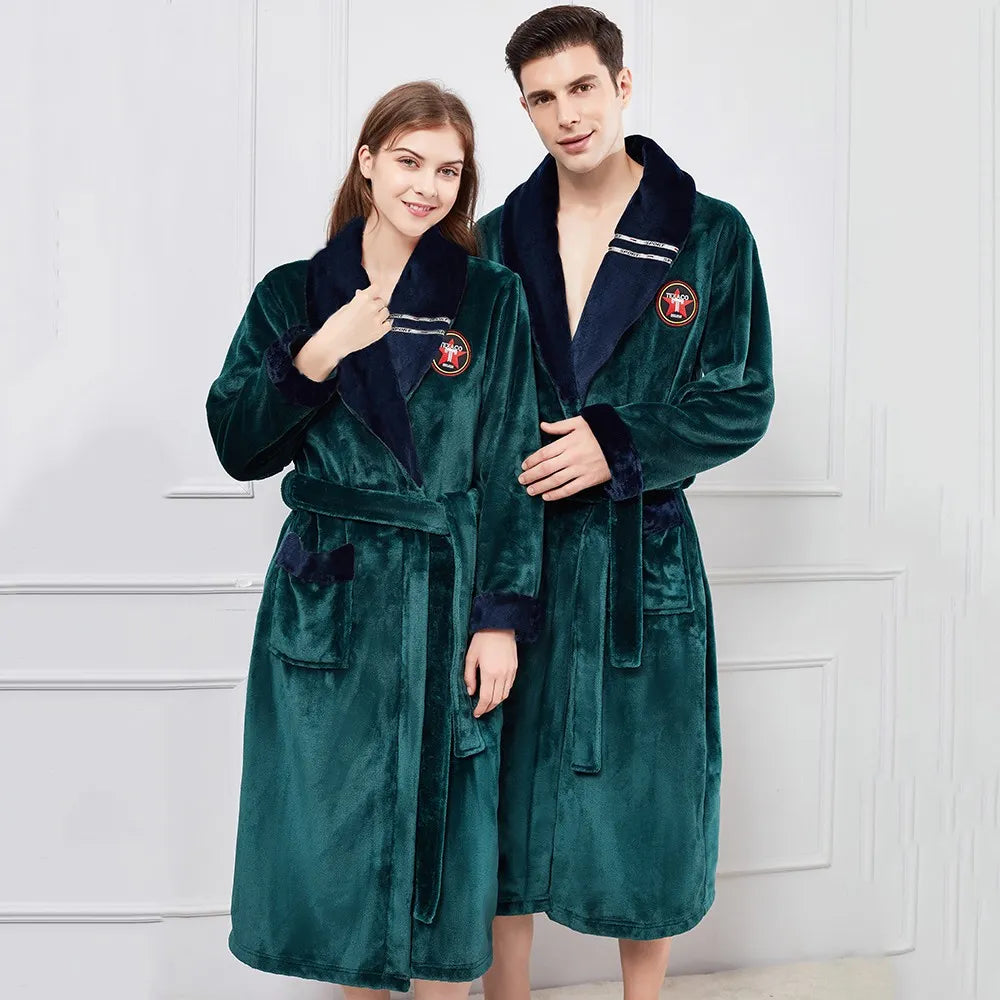 Winter Warm Couple Flannel Robe Sleepwear Loose Casual Kimono Bathrobe Gown Thick Coral Fleece Women Nightwear Nightgown 3XL