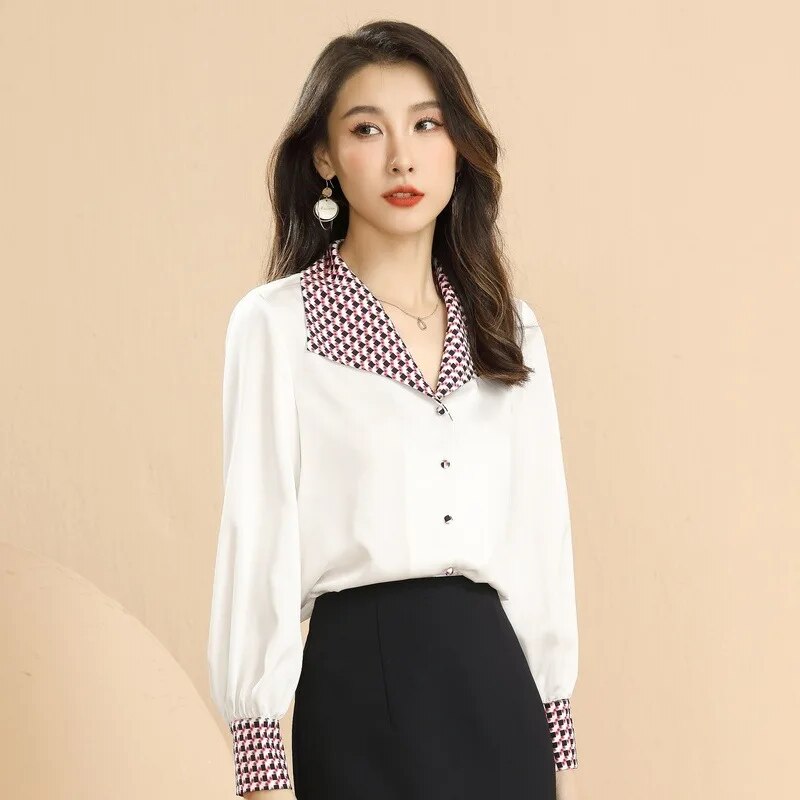 2023 Fall New South Korean women's  clothing temperament long-sleeved OL pure color v-neck chiffon shirt