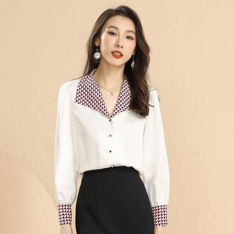 2023 Fall New South Korean women's  clothing temperament long-sleeved OL pure color v-neck chiffon shirt