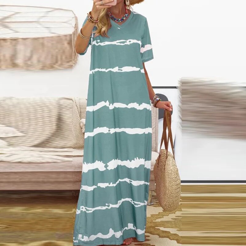 2020 Summer Boho Dress Women Striped Print V Neck Long Party Dress Elegant Short Sleeve Casual Beach Dresses Vestidos Plus Size