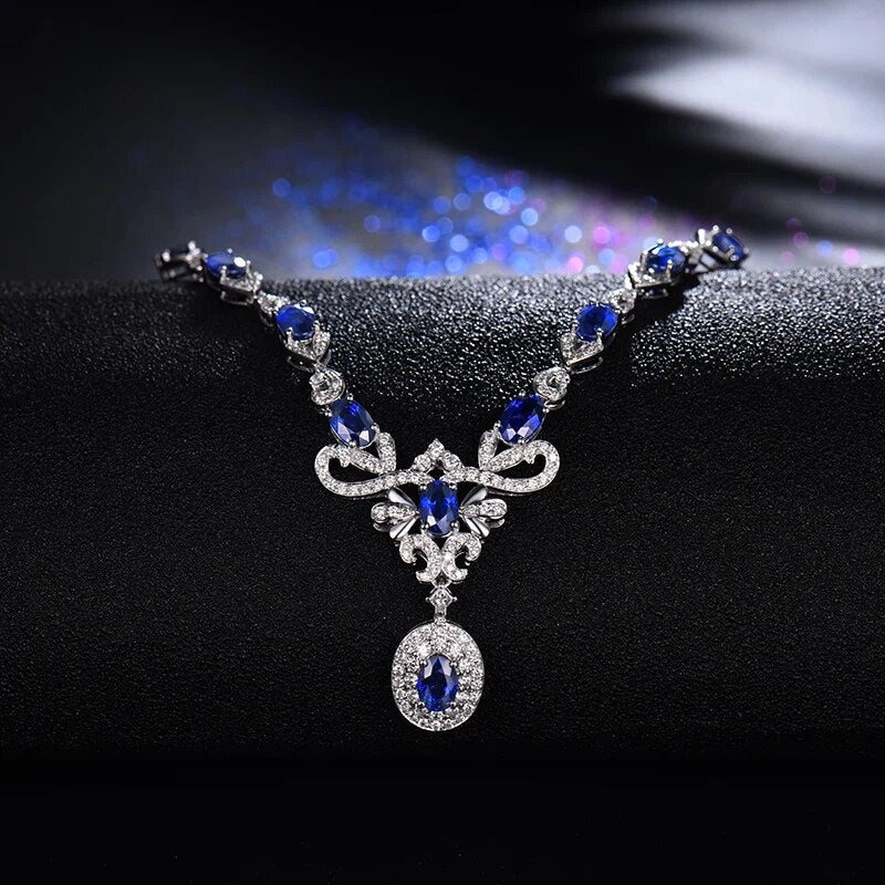 Women Sapphire Pendants Necklace Real 18k White Gold 5.68Ct Natural Oval Sapphire Accented Diamonds Anniversary Party Necklace