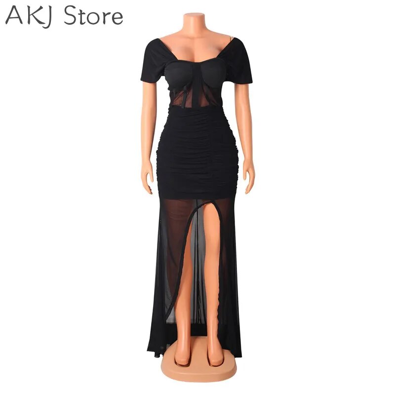 Women Off Shoulder Mesh Sheer High Slit Ruched Backless Maxi Dress