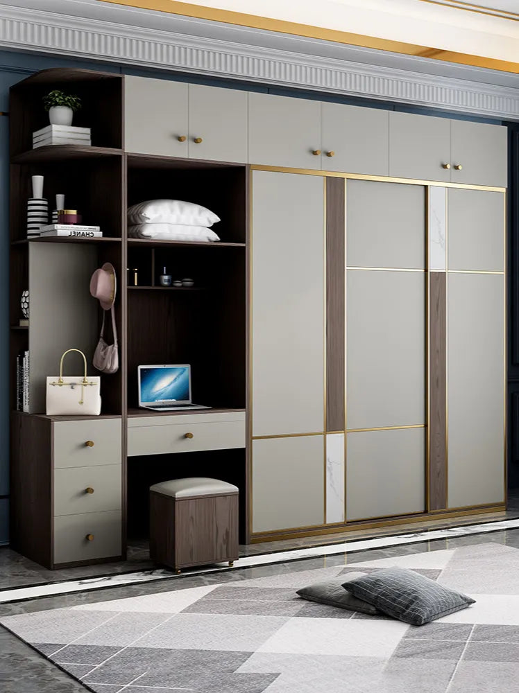 Wardrobe bedroom sliding door Modern minimalist cabinet combination Three-door wardrobe with dressing table