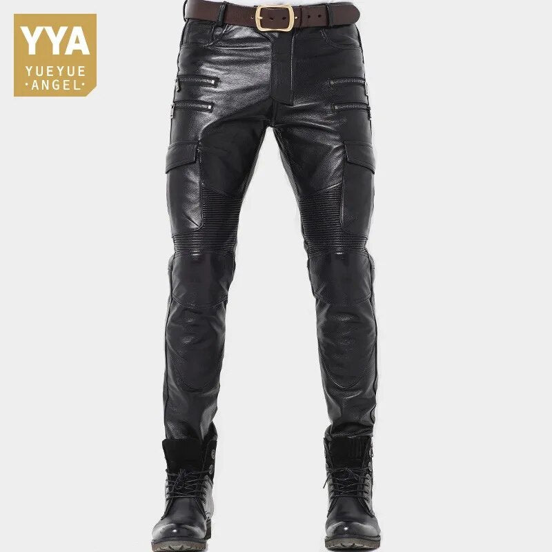 Winter Luxury Mens Genuine Leather Pants Skinny Motorcycle Cowhide Leather Pants Warm Windproof Long Trousers Man Slim Fit Pants