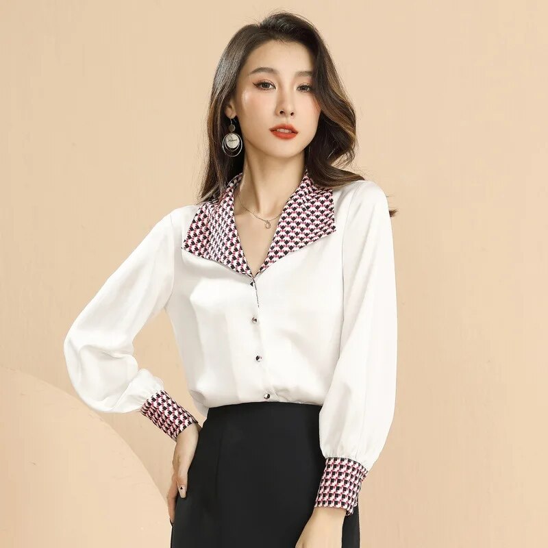 2023 Fall New South Korean women's  clothing temperament long-sleeved OL pure color v-neck chiffon shirt